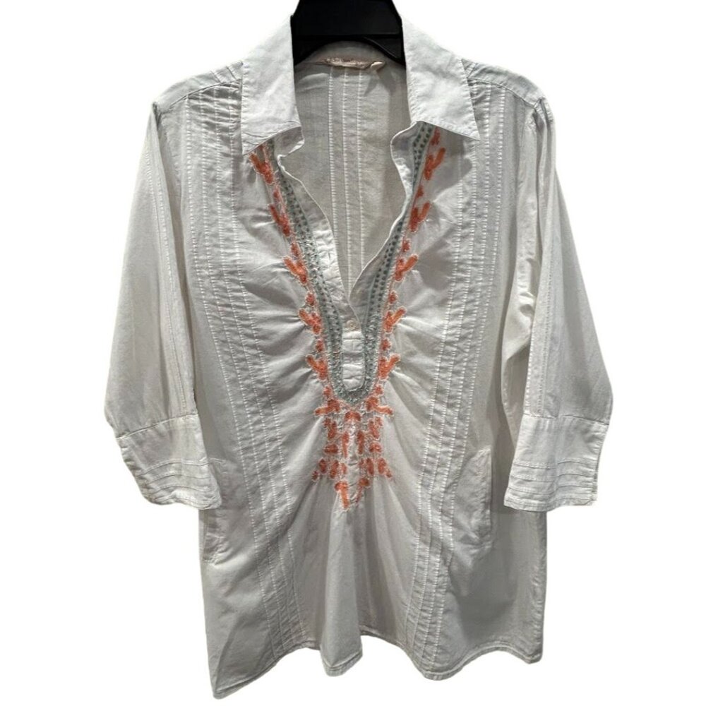 Soft Surroundings Womens Embroidered Tunic Blouse PL Cotton White & Orange‎